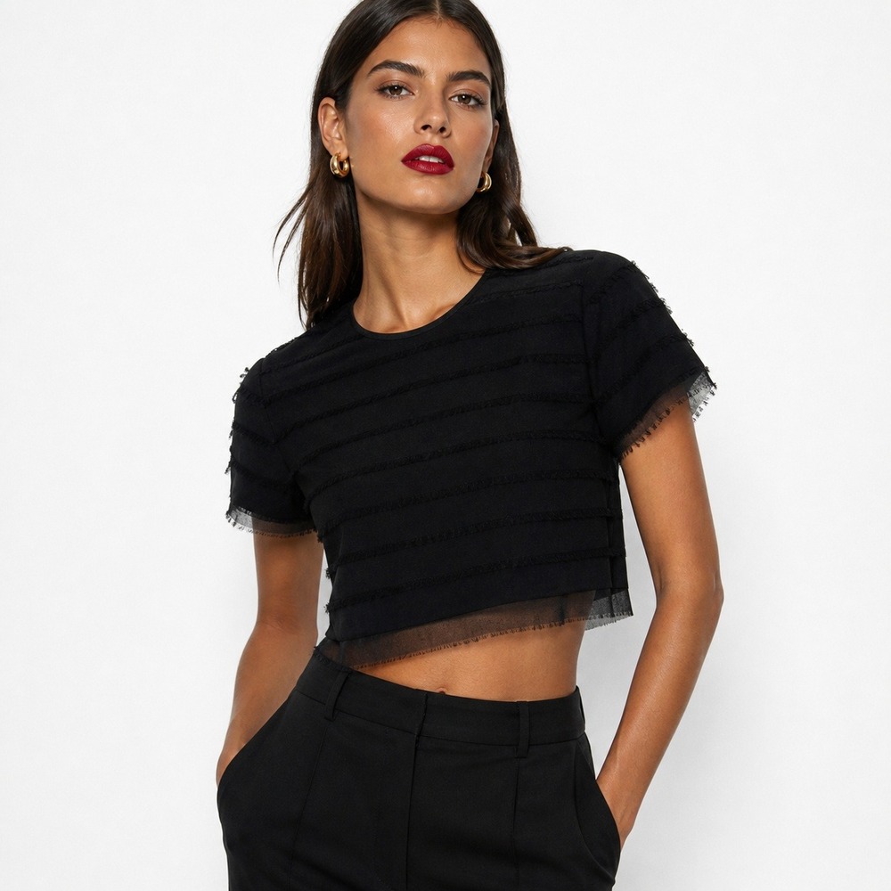 Madison Marcus Womens Black 100% Silk Fringe Mesh Hem Crop Top Blouse Small